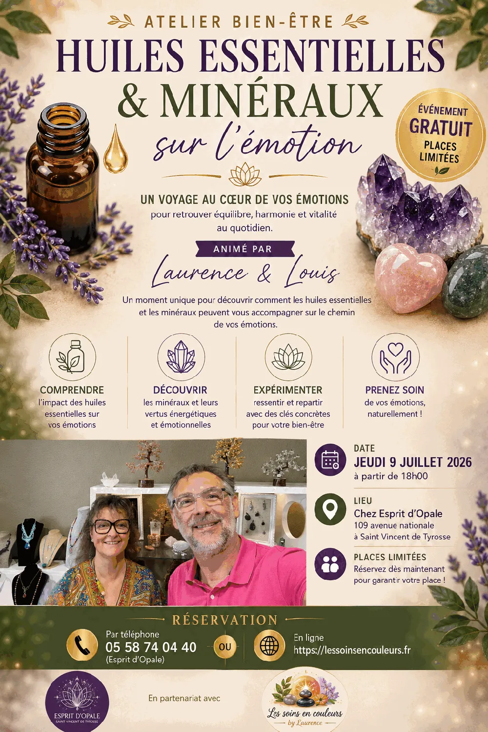Affiche de l'atelier Huiles essentielles et minéraux sur l'émotion, jeudi 9 juillet 2026 à 18h chez Esprit d'Opale